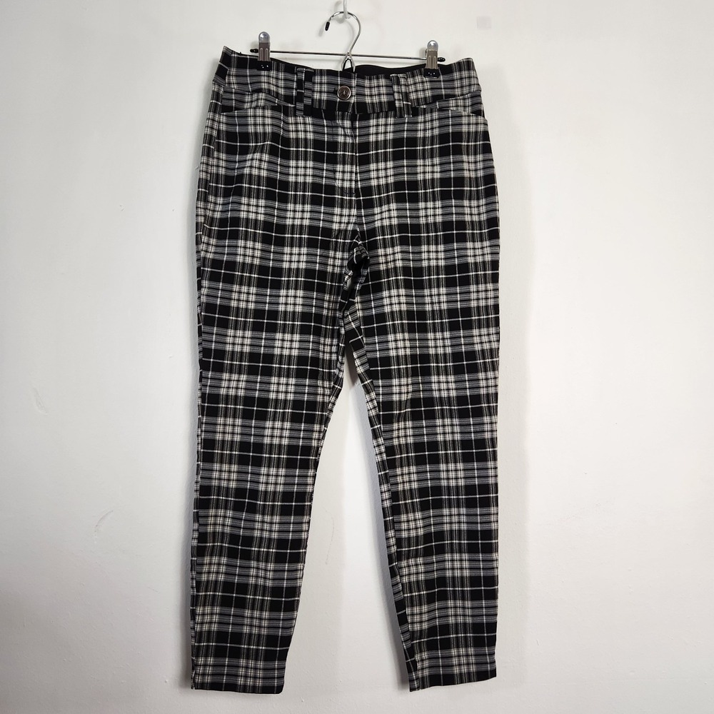 Maurices Plaid Ankle Pants Womens Medium SHORT Black White Tartan Skinny Stretch